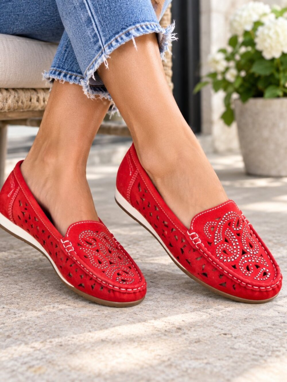 Ara Red Suede Loafers US 7.5 EU 38 Studded Comfort Shoes